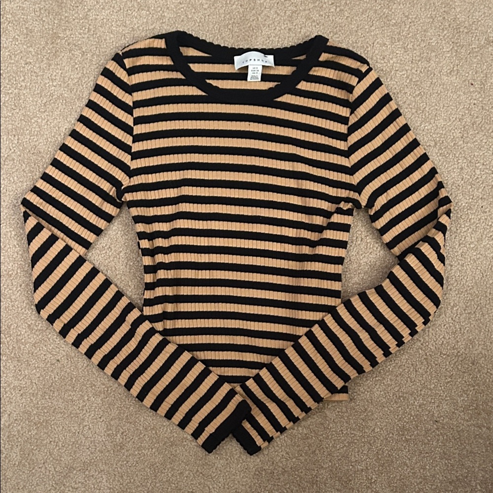 Topshop Striped Ribbed Long-Sleeve Top in Tan and Black